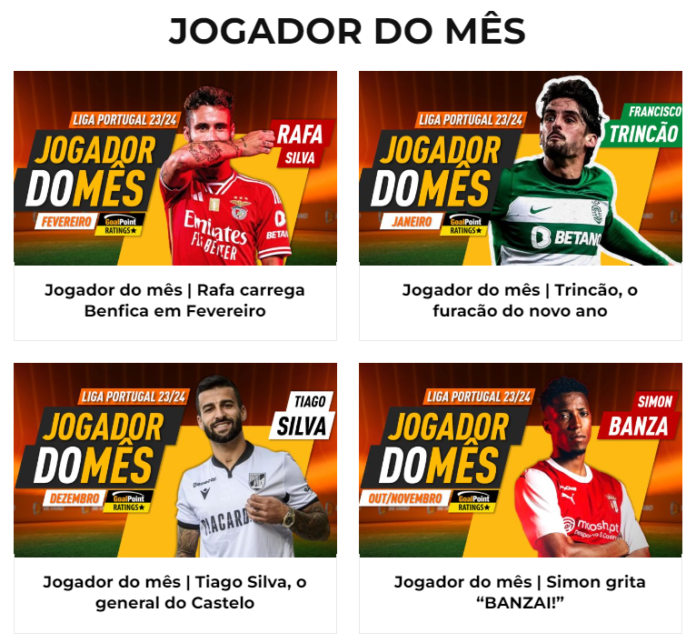 QUEM SE JUNTA À GALERIA? ⭐️

Jogadores do mês #GoalPointRatings da Liga 23/24 até agora:

Ago/Setembro - Rafa Silva 🇵🇹 7.64
Out/Novembro - Simon Banza 🇨🇩 7.59
Dezembro  - Tiago Silva 🇵🇹 7.59
Janeiro - Trincão 🇵🇹 8.95
Fevereiro - Rafa Silva 🇵🇹 8.32
Março - ??? ⏳

O histórico
