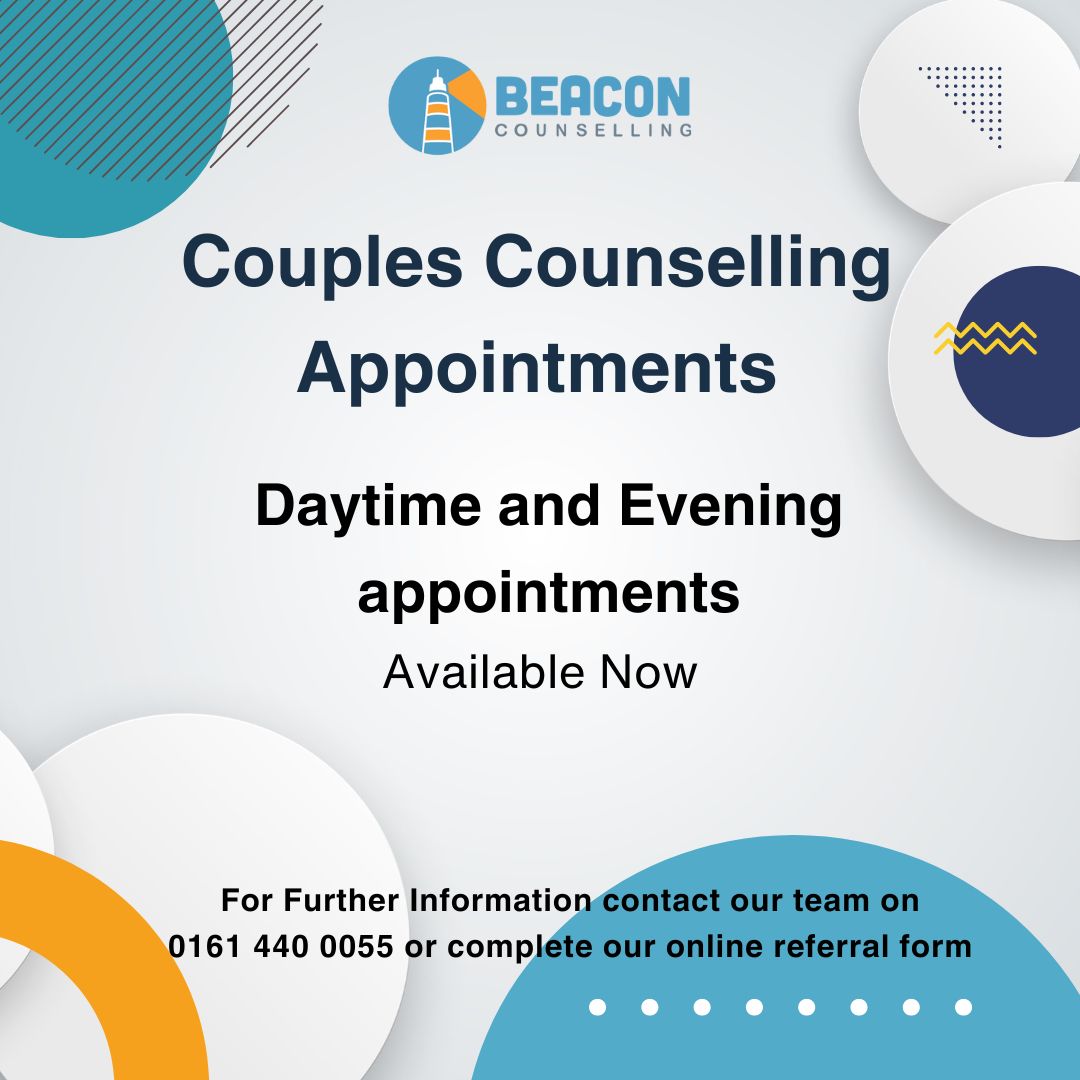 Our Couples Counselling service currently has daytime and evening appointments available onsite at Beacon House. If you would like more information about our couples service please get in touch with a member of our team on 0161 440 0055