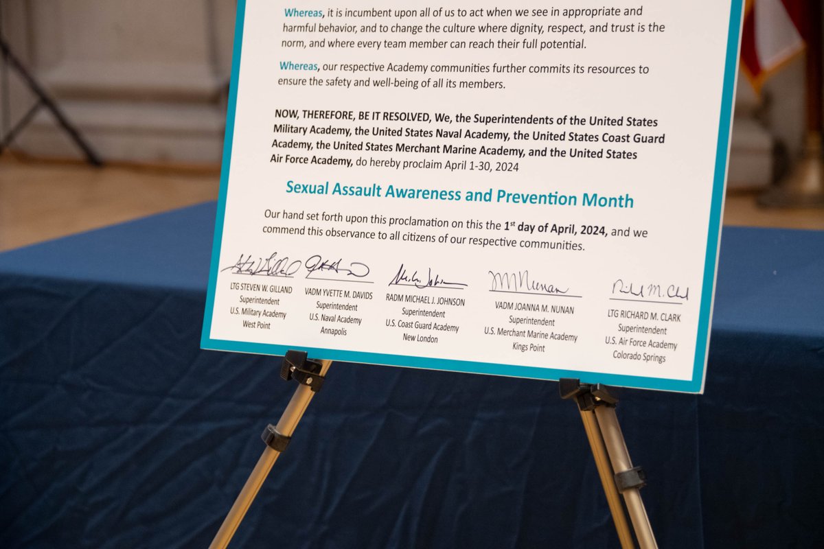 During the Conference of Service Academy Superintendents (COSAS), the superintendents gathered in Memorial Hall to sign the Joint Sexual Assault Prevention Proclamation dedicating April to awareness and prevention efforts for a safer future for all academy students. #SAPM