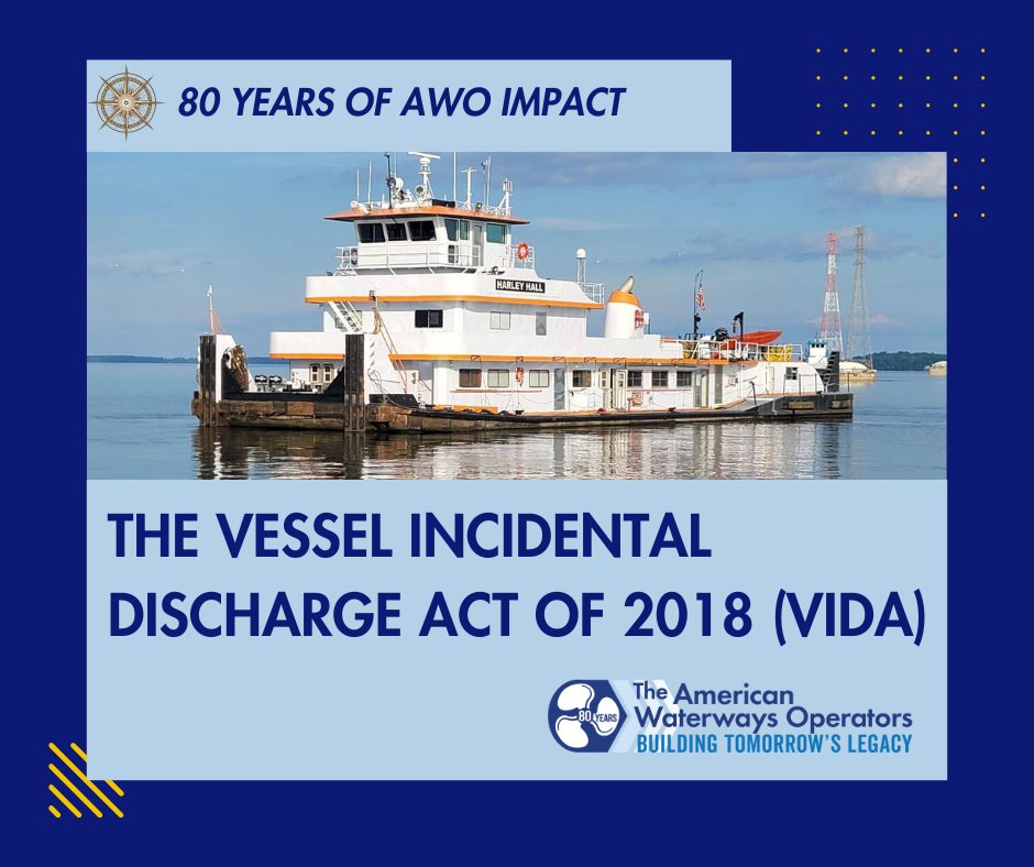 In Dec. 2018, following years of hard work by AWO, members, & allies, Congress passed VIDA, landmark legislation that put us on the path to replace patchwork state laws with a national framework for regulating ballast water and other vessel discharges 🌊 #80YearsofAWO #AWOImpact