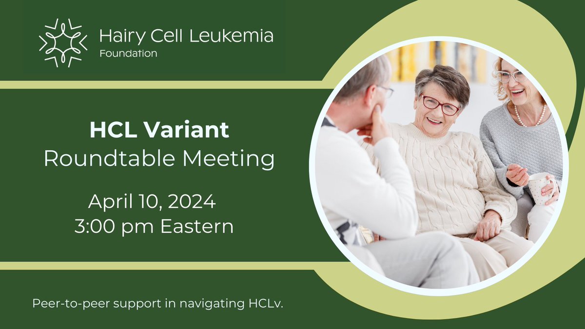 Join us for the upcoming HCL Variant Community Roundtable on April 10 from 3-4 pm Eastern time. Connect with others affected by the variant form of HCL to share stories, ask questions, and offer support. Register at: hairycellleukemia.org/calendar/2024/…
