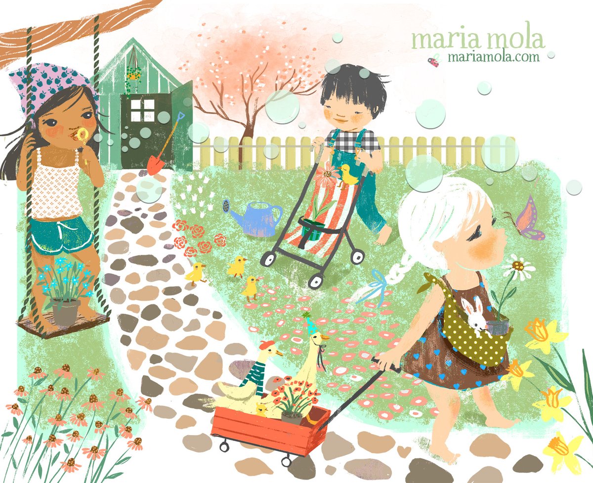 April #KidLitArtPostcard ! Outside: a nasty Nor'easter 😤 Inside: a  garden in full bloom! And the key to this thriving garden is the care of tiny hands, play isn't just for kids! It's for flowers, you... and me ! 😉 🌻 💌Open to playful commissions! #kidlit #kidlitart