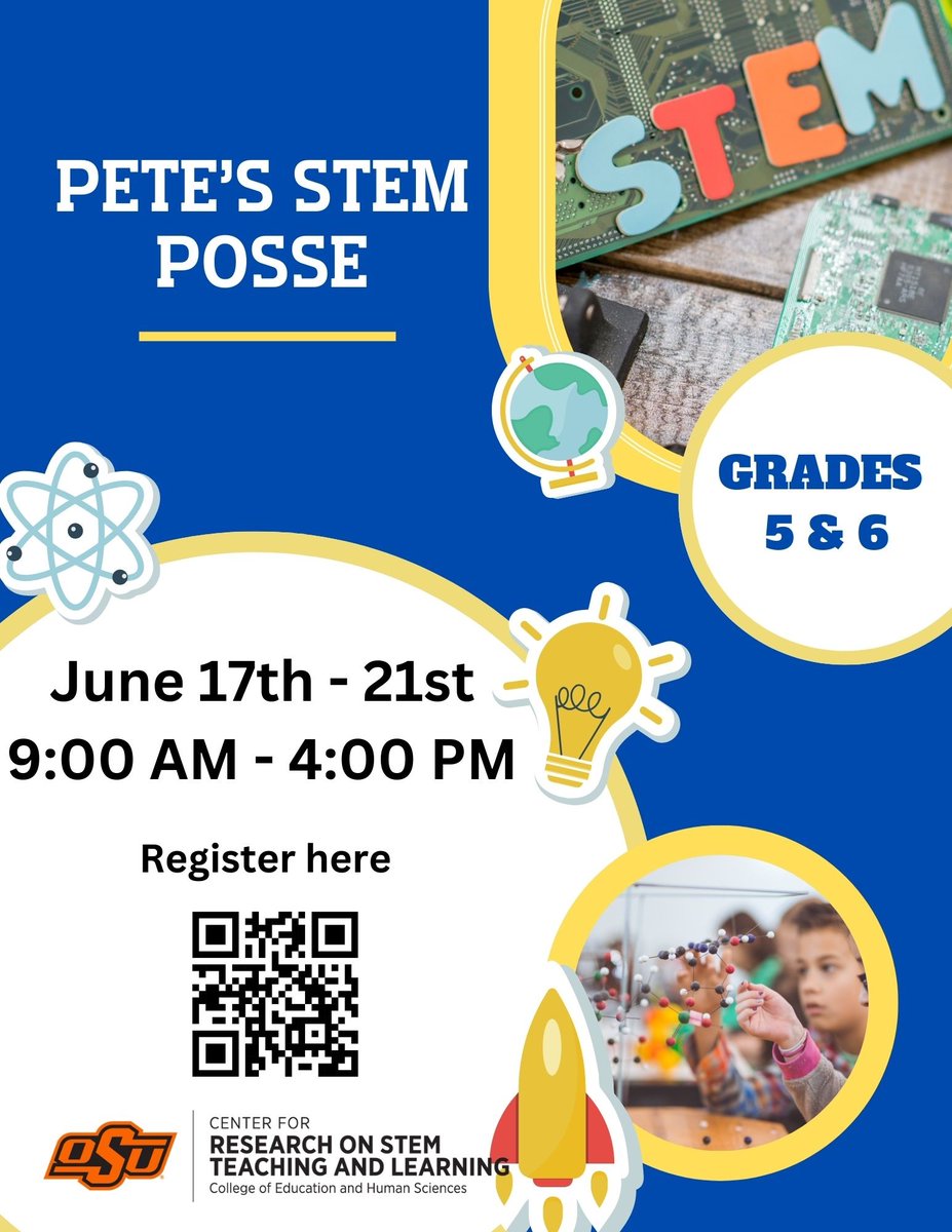 Get your kids excited about STEM this summer!
Pete's STEM Posse is a fun, hands-on program for 5th and 6th graders hosted by the Center for Research on STEM Teaching and Learning at Oklahoma State University.
#SummerSTEMCamp #GradesK6 #STEMEducation #HandsOnLearning #ScienceKids
