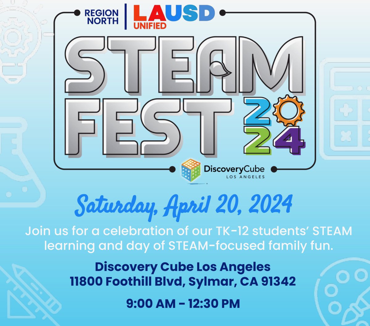It’s almost time for Region North’s SteamFest at the Discovery Cube! Please rsvp now to receive tickets and free swag! bit.ly/region-north-s… #RegionNorth #ReadyfortheWorld #science #steam @thediscoverycube @discoverycubela #steamfest
