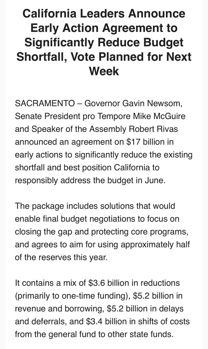 NEW: Gov. @GavinNewsom, Senate President pro Tempore @ilike_mike (D-Healdsburg) & Assembly Speaker @CASpeakerRivas announced an agreement to shrink the deficit by $17 billion in early budget action.