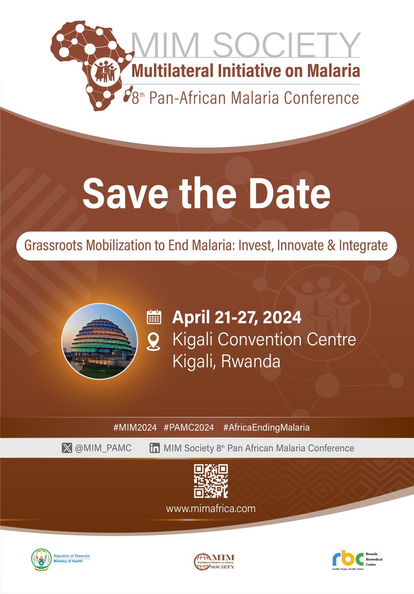 The 8th MIM Society Conference will be held in Kigali, Rwanda on 21-27 April 2024. Our team will lead or support the following symposium: Monday, 22nd #Malaria Epidemiology Friday, 26th #Chemoprevention / #Vector Biology and Control Scan to register👇