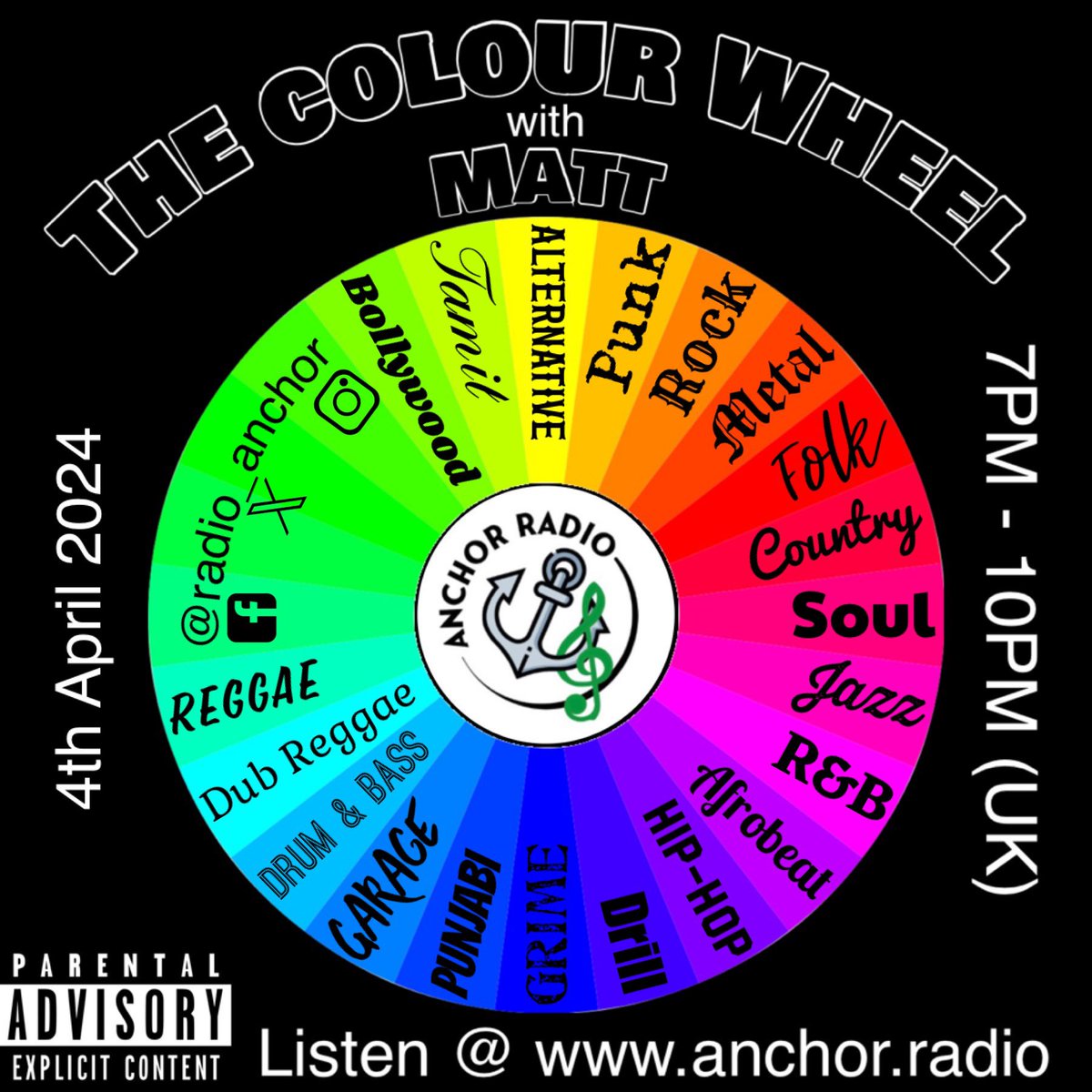 Wondering how to plan your Thursday evening? You can tune in to The Colour Wheel from 7PM (UK) to enjoy an array of music. No matter your music taste, @matt02392 is sure to have something for you. Listen @ anchor.radio