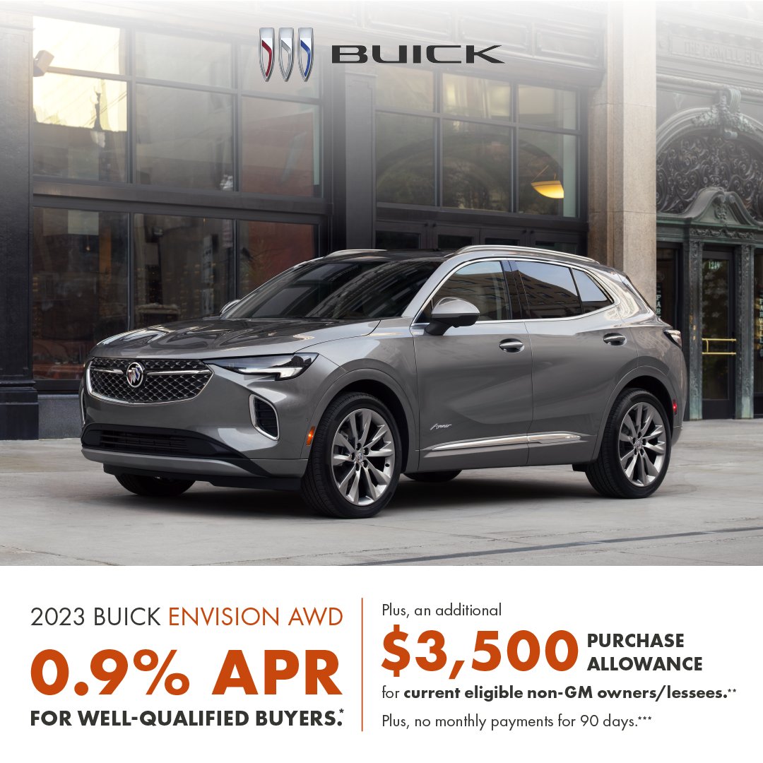Get behind the wheel of the 2023 Buick Envision AWD with 0.9% APR for well-qualified buyers! Plus, $3,500 purchase allowance and no payments for 90 days*. Don't miss out on this incredible offer! ✨ #BuickEnvision #Buick Shop now: ow.ly/7pSJ50R8EjG