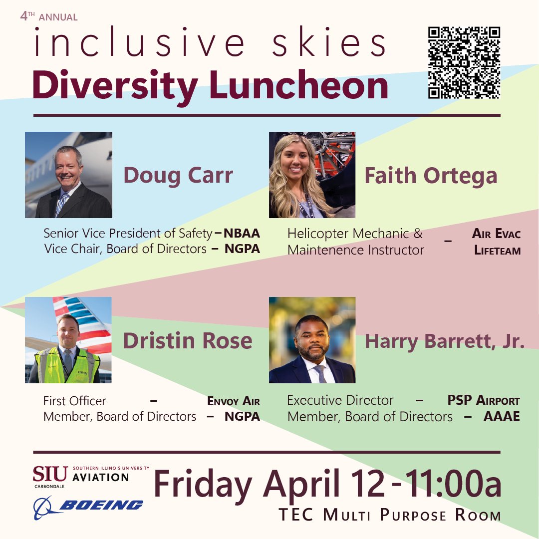 Join SIU Aviation’s 4th Annual Inclusive Skies Diversity Luncheon on Friday, April 12th, from 11:00 am to 1:00 pm. Please RSVP by April 7th. 
forms.office.com/Pages/Response…
#thisisSIU #SIUAviation #Boeing #BoeingInspires