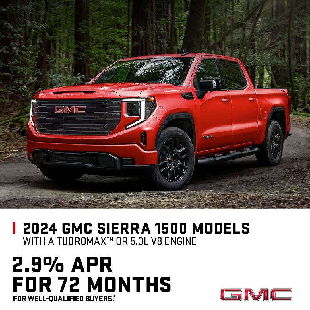 Experience power and style in the 2024 GMC Sierra 1500 with a TubroMax™ or 5.3L V8 engine. Get behind the wheel today with a low 2.9% APR for 72 months*! 🔥🙌 #GMC #GMCSierra1500 Shop now: ow.ly/5Vwp50R8E5O