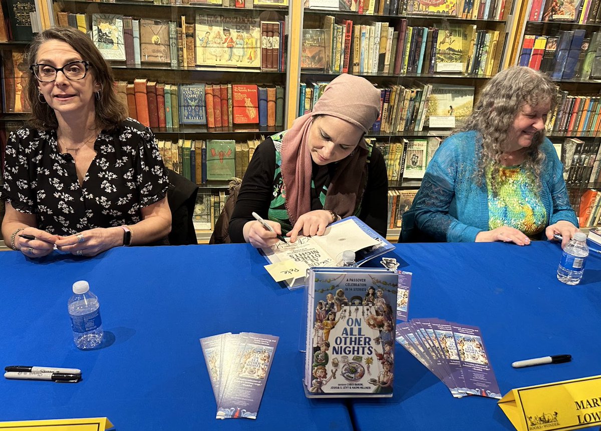 Celebrating @marilwrites's @JewishBook Mid­dle Grade Lit­er­a­ture Award and a book signing for ON ALL OTHER NIGHTS @BooksofWonder with @trydzinski! 🎉