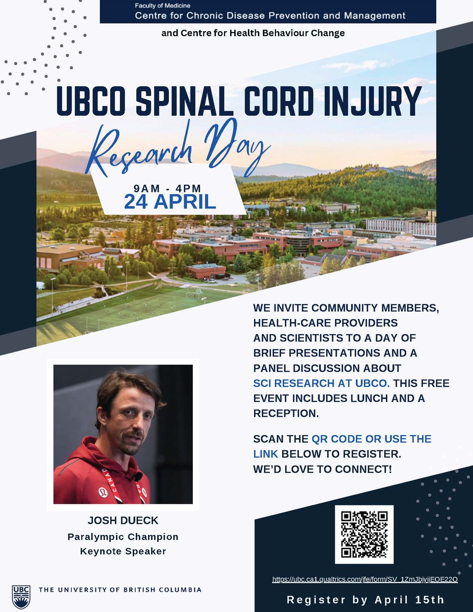 Join us on April 24th for a day of presentations and a panel discussion on SCI research at UBCO! This event aims to facilitate collaboration, knowledge exchange, and connections between researchers and individuals with lived experiences. Register now: ubc.ca1.qualtrics.com/jfe/form/SV_1Z…