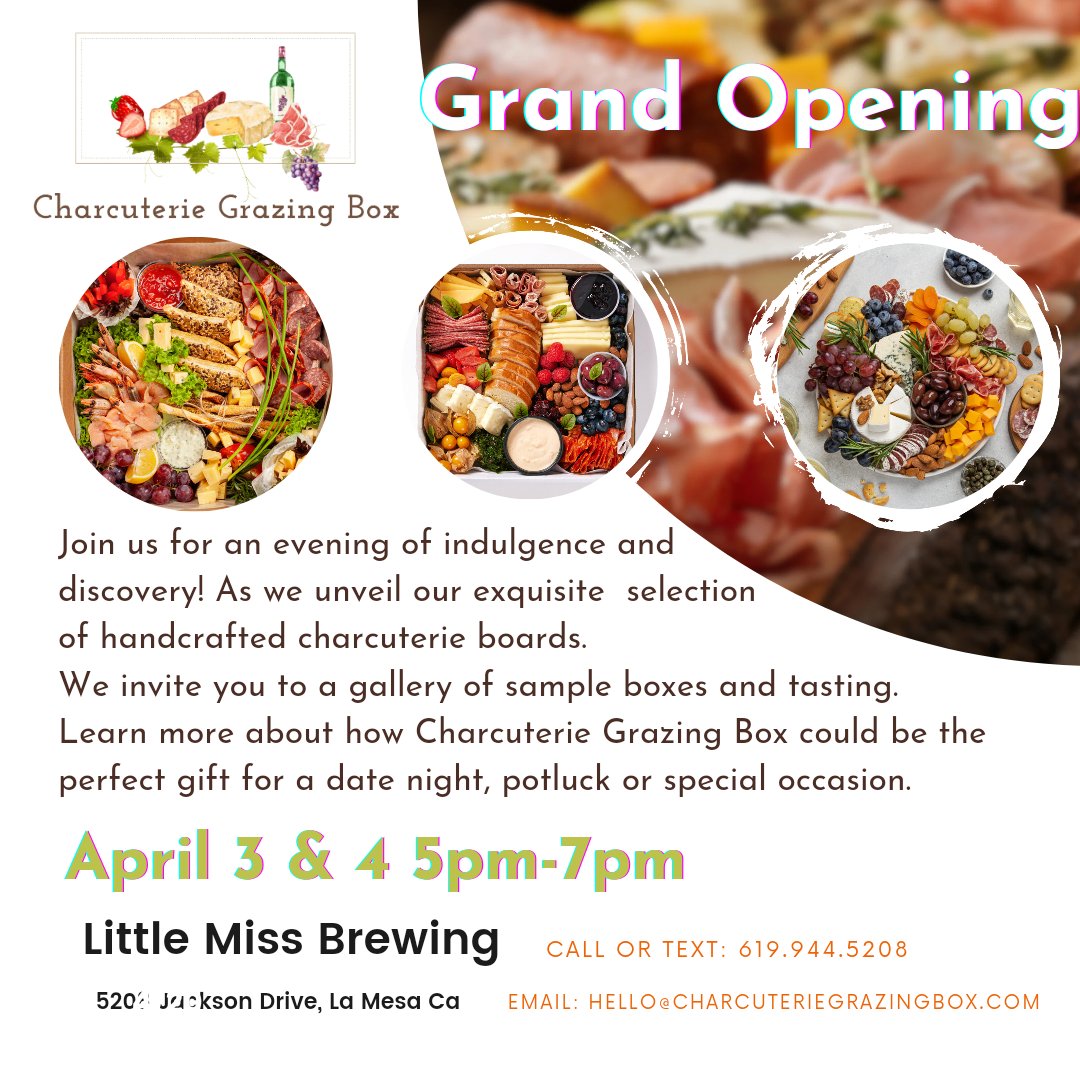 Welcome to our new member, Charcuterie Grazing Box!

Meal Prep Specialty Store

Meet them TONIGHT, April 4th between 5pm-7pm for their Grand Opening, an evening of indulgence and discovery! 

5208 Baltimore Dr., La Mesa
hello@charcuteriegrazingbox.com
charcuteriegrazingbox.com
