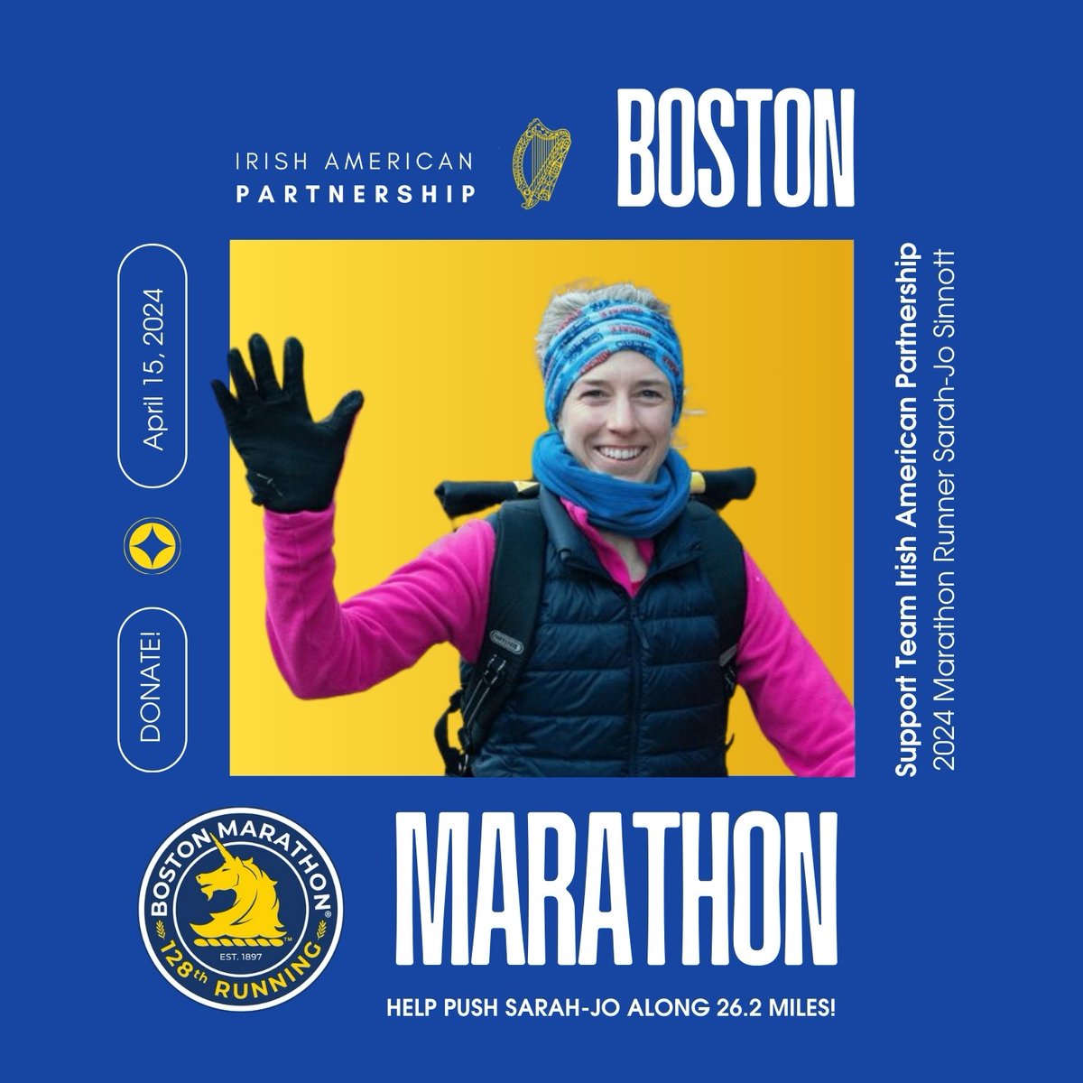 Please join us in cheering on @SarahJoSinnott as part of Team @Irishaporg in the @BAA 128th #BostonMarathon® on April 15 - presented by @BankofAmerica. Help push Sarah-Jo along 26.2 miles by supporting schools across the island of Ireland! Donate here: bit.ly/4cFPMON
