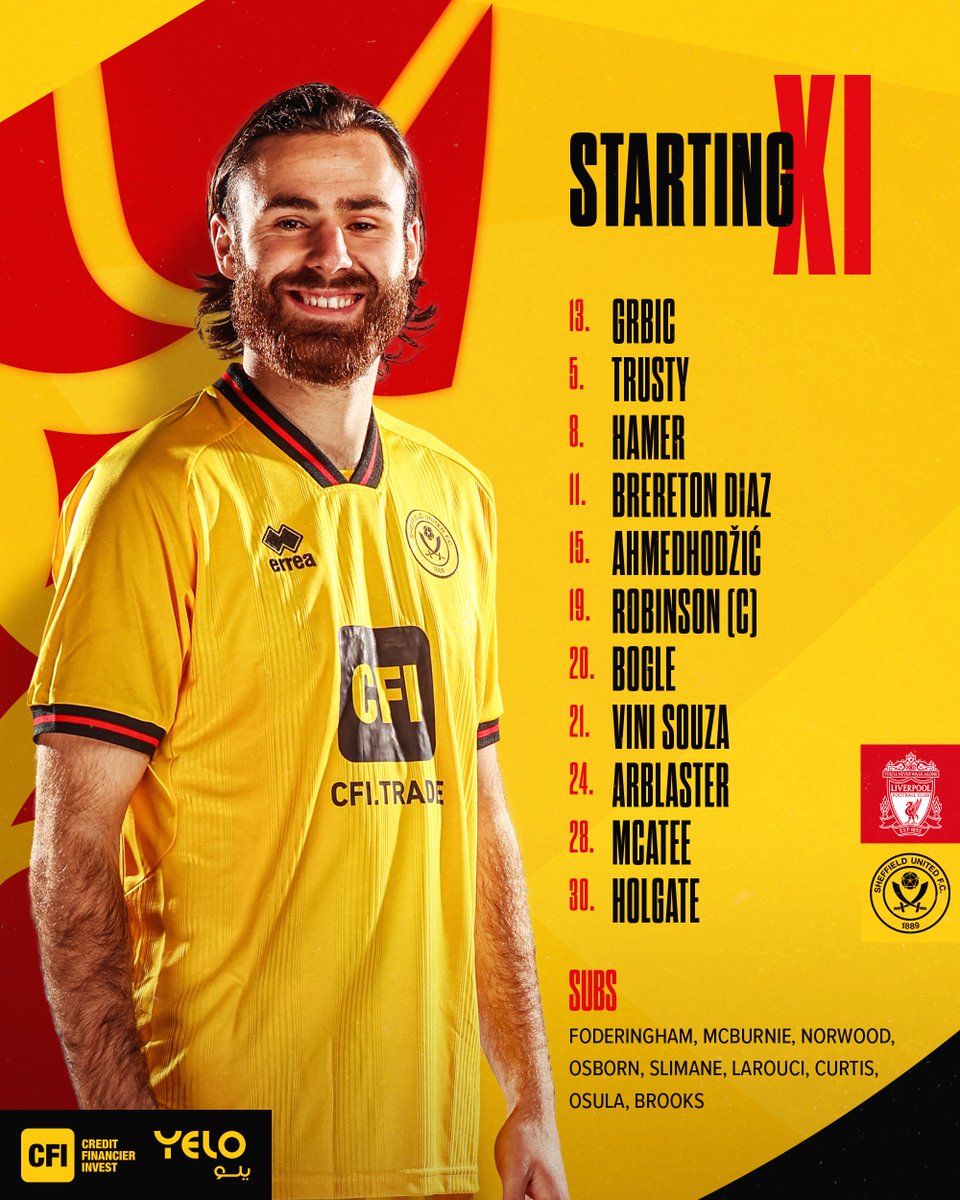SheffieldUnited's tweet photo. #LIVSHU Team news 📋🟡

Two changes for the Bladesmen as McAtee and Trusty start. ⚔️ https://t.co/hobN7NzTX0