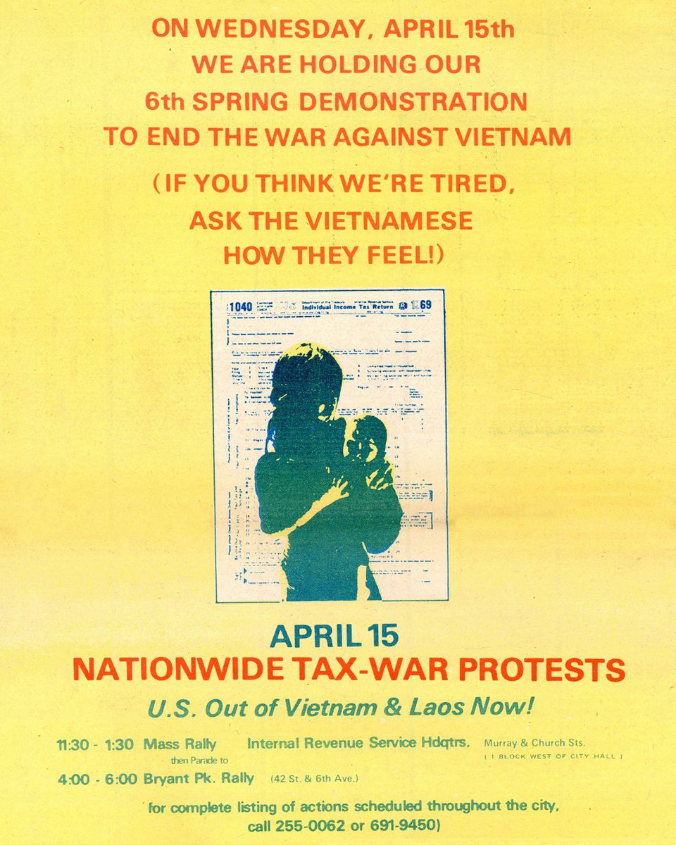 RadicalMediaArc's tweet photo. From our collection: A call to Americans to refuse for their taxes to be used to pay for American wars in Vietnam and Laos, and join the 6th annual demonstration in New York in protest of the war against Vietnam.

Seen on the back page of the EAST VILLAGE OTHER of April 1970. https://t.co/8ITxzAxSnC