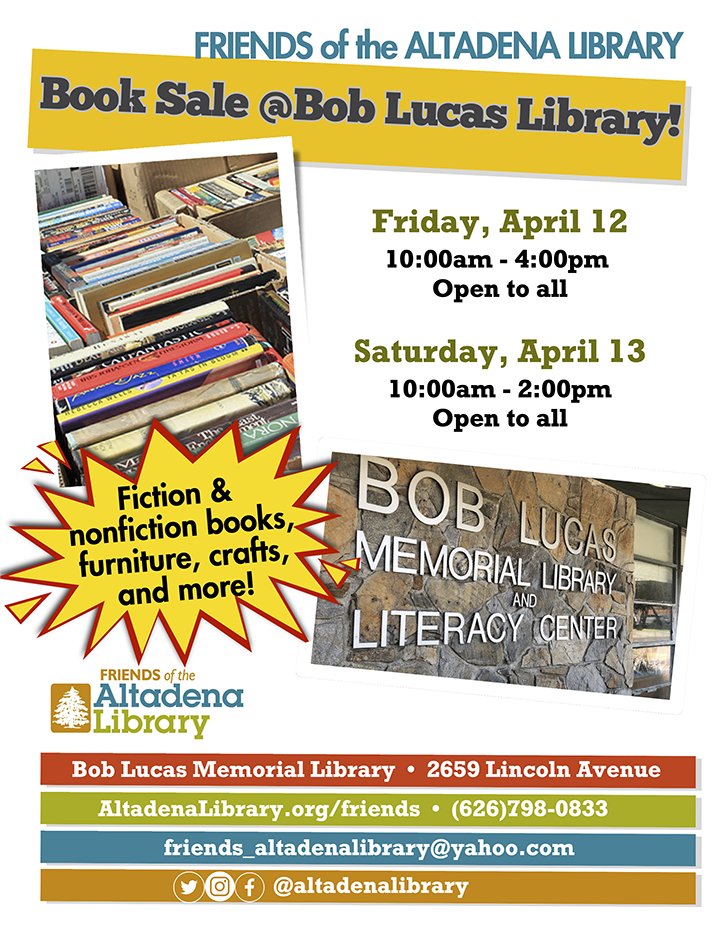 Join us as the Friends of the Altadena Library help us prepare for the renovation of our branch by holding a 📚🪑🚪 USED BOOK, FURNITURE, CRAFT SUPPLIES, AND MORE SALE on Friday, 4/12 from 10am-4pm & Saturday, 4/13 from 10am-2pm at the BOB LUCAS LIBRARY!