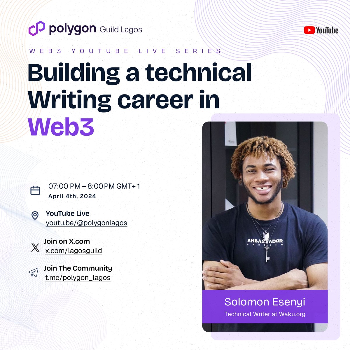 lagosguild's tweet photo. In a few hours, join our YouTube live series on everything Web3. 

In today's episode, @LordGhostX, a technical writer  at @Waku_org  will share with us how you can build a technical writing career in web3

⏱️ Time: 7:00pm GMT +1

Youtube Link: https://t.co/BfqAFY22CQ

#web3 https://t.co/KRlfA6Nh5U