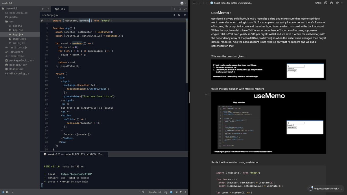 iota_xx's tweet image. Dived into React&apos;s depths in week 6 of #100xDevsCohort 
Explored topics like, React-returns
re-rendering
keys
wrapper components
and key hooks like useEffect 
useMemo
useCallback
and useRef, all backed by real-life examples.
#ReactDeepDive #LearningJourney 🚀