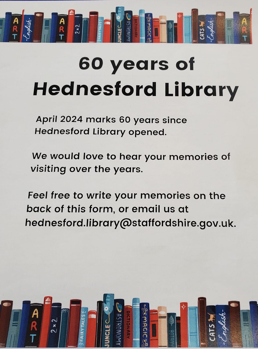 On 17th April, we’ll be celebrating the sixtieth anniversary of Hednesford Library opening in its present location on Market Street. We’d love to hear about your memories of visiting the library over the years - feel free to pop in to the library or DM us. @StaffsLibraries