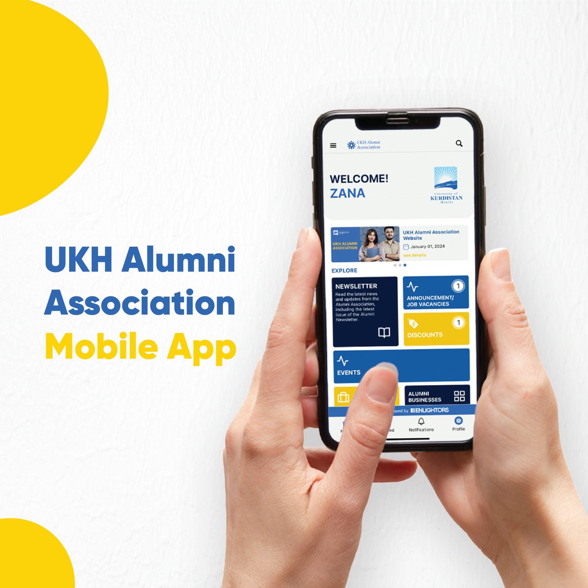 Enlightors's tweet photo. We’re proud of what we’ve designed, built and thrilled to announce the launch of the UKH Alumni Mobile Application for @UKH_official, a project that showcases our dedication to digital transformation, innovation, and excellence.  

#Enlightors #UKH #UKHAlumniAssociation https://t.co/K0RC0ZpG8G
