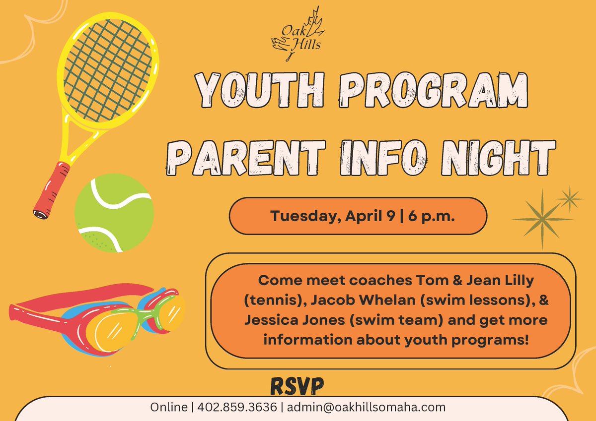 Youth Programs registration is up and rolling! Make sure to register your youth for Tennis, and Swim Junior Programs. Questions? Make sure to attend the Youth Swim and Tennis Program Parent Info Night. Visit the Club Calendar to register for oakhillscountryclub.org