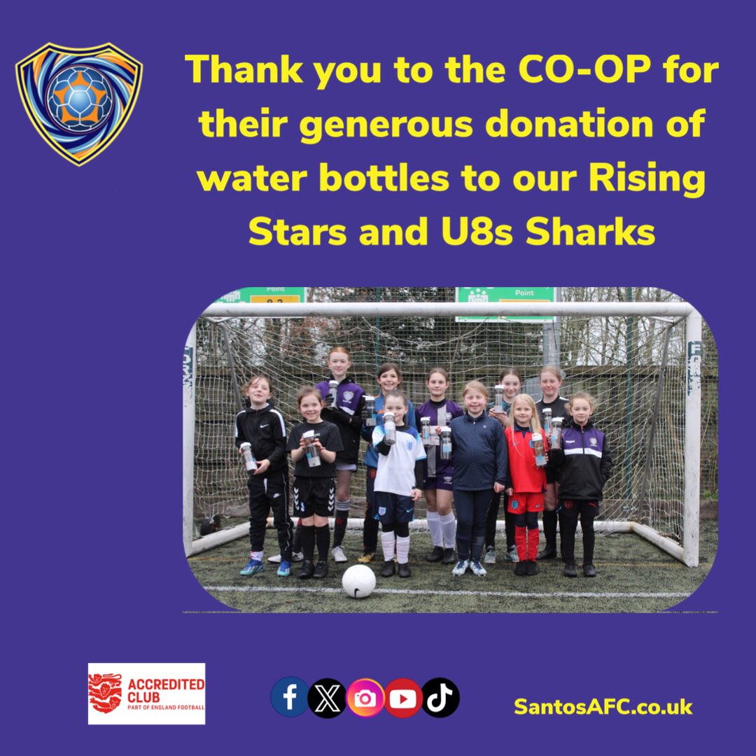We would like to thank Co-op for their generous donation of water bottles to our Rising Stars and U8s Sharks during their training session yesterday. 

We are sure our girls will find them useful as the days get warmer! 

#RisingStars #santossharks #SantosYouth #SantosAFC #u8s
