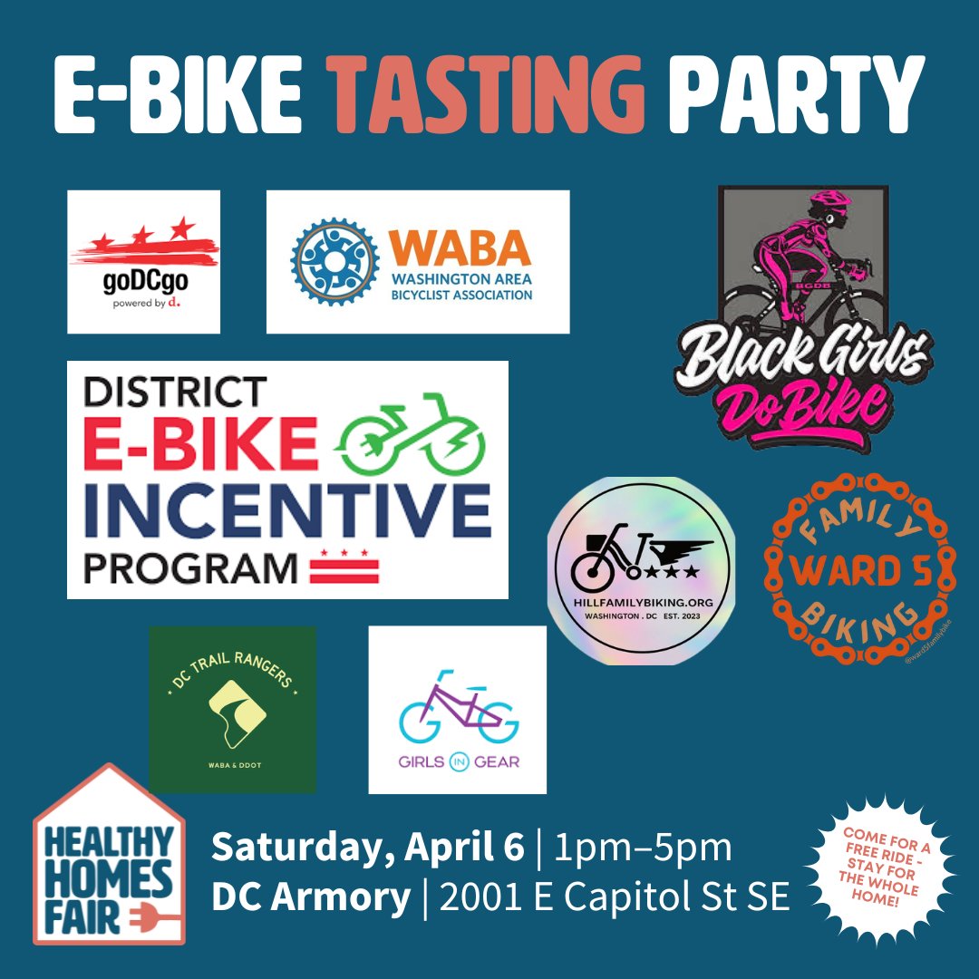 dcfamilybiking's tweet photo. See you SATURDAY at #Ebike Tasting Party! Test ride dozens of brands & options, meet local shops & orgs, enjoy bounce house and ice cream too.
Plus @electrifydc Healthy Homes Fair - cooking demos, appliance petting zoo, HUGE raffle & more! #bikedc #FunAndFree #DC https://t.co/rzm8hlgkBg