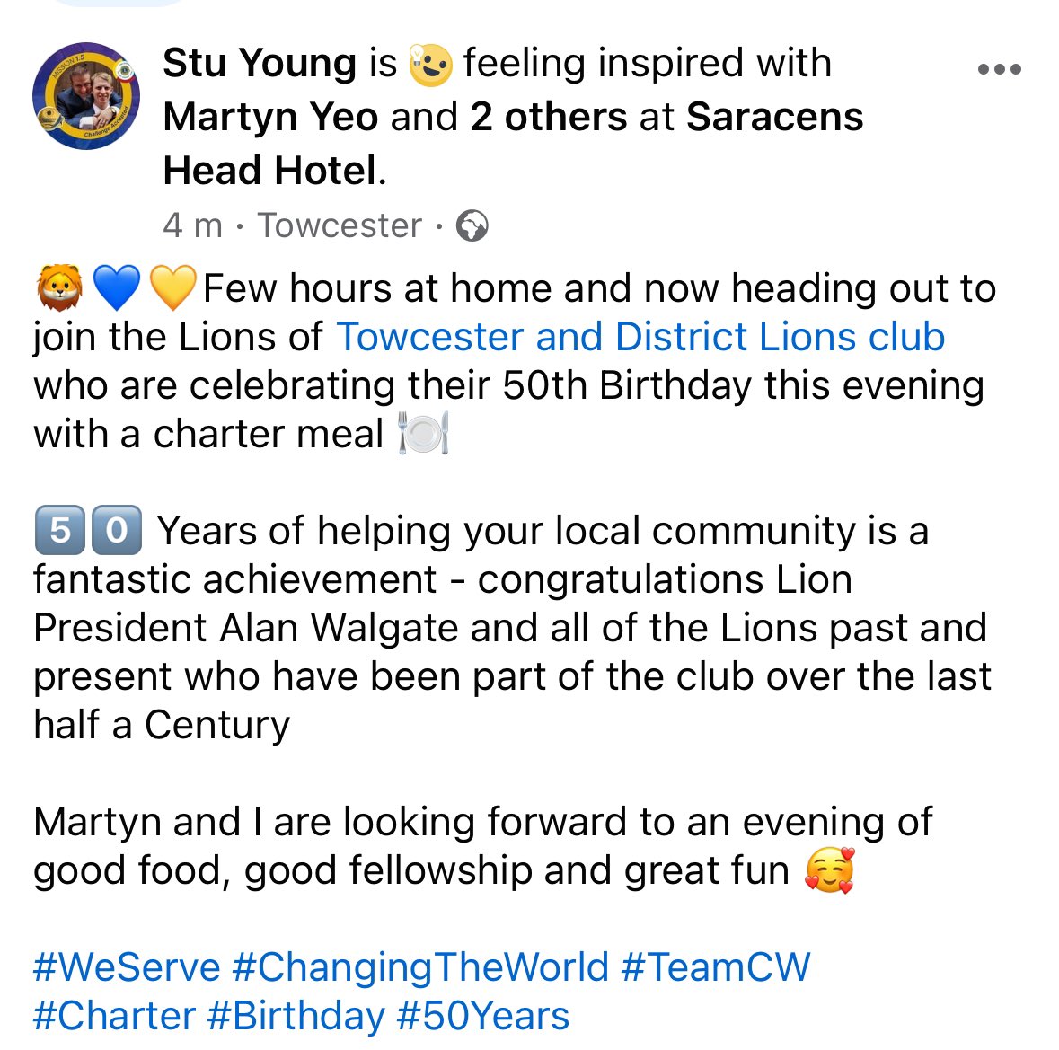 🦁💙💛Few hours at home and now heading out to join the Lions of Towcester and District Lions club who are celebrating their 50th Birthday this evening with a charter meal 🍽️ #WeServe #ChangingTheWorld #TeamCW #Charter #Birthday #50Years