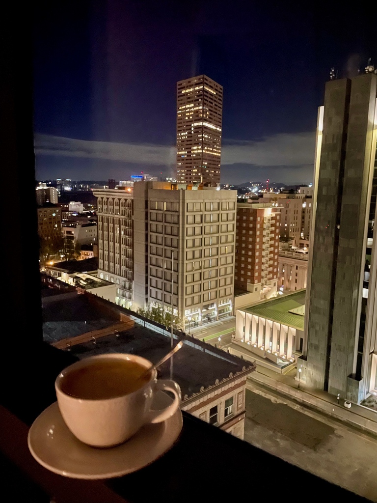 A cup of coffee and the early morning view from an executive suite at The Ritz-Carlton, Portland, Oregon, is a fabulous way to begin the day. @TravelOregon @UpscaleLivingMg #luxuryliving #luxuryhotel #luxurylifestyle #wanderlust #luxurylife #coffee #morningjoe #citylights
