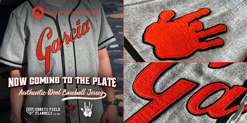 Spring Training’s over… Introducing the Garcia authentic vintage wool baseball jersey by @EbbetsVintage. Featuring bright orange on black felt “Garcia” lettering across the chest and a handprint patch on the left sleeve, these jerseys are a nod to the early days of baseball when…