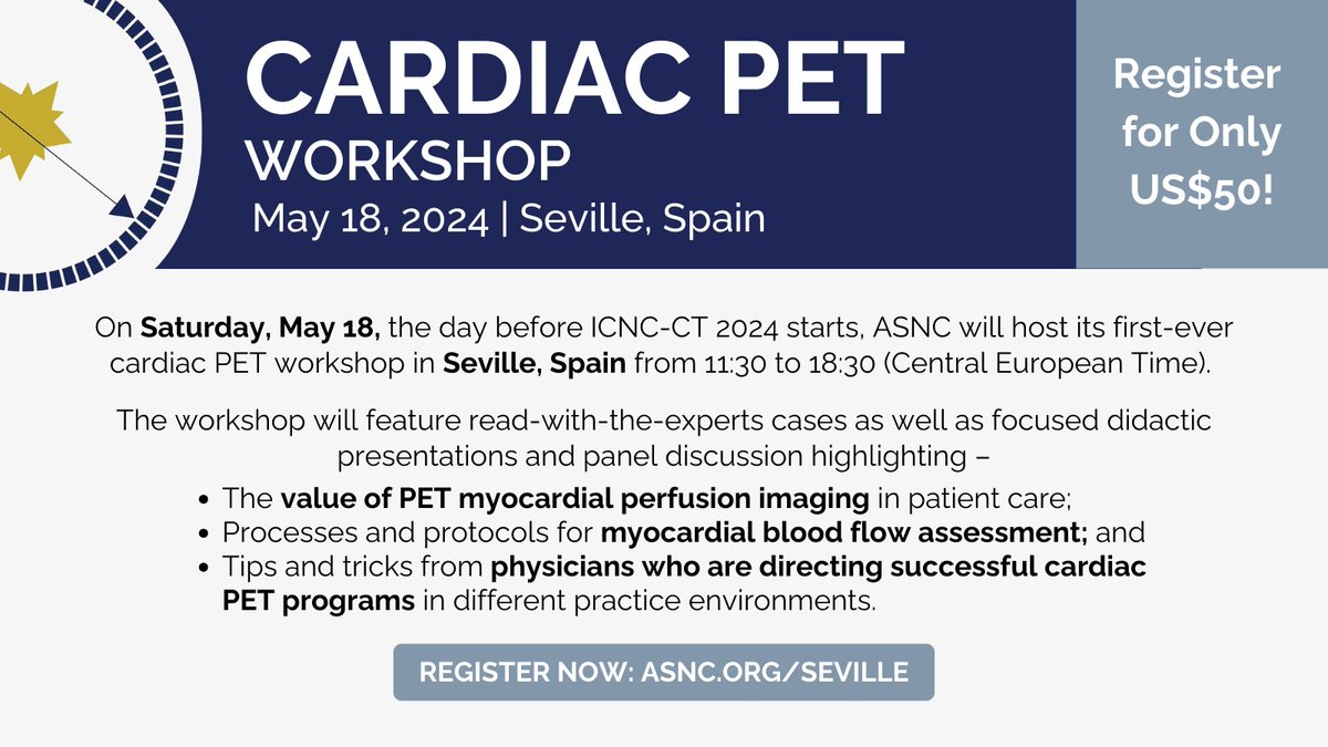 Join ASNC for its first #CardiacPET Workshop in Europe! With the number of #ThinkPET labs expected to grow significantly, now is the time to explore its impact on clinical decisions, patient care, & lab growth. 📍Seville🇪🇸 🗓️May 18 Register now👉bit.ly/3Ub50EM #CVNuc