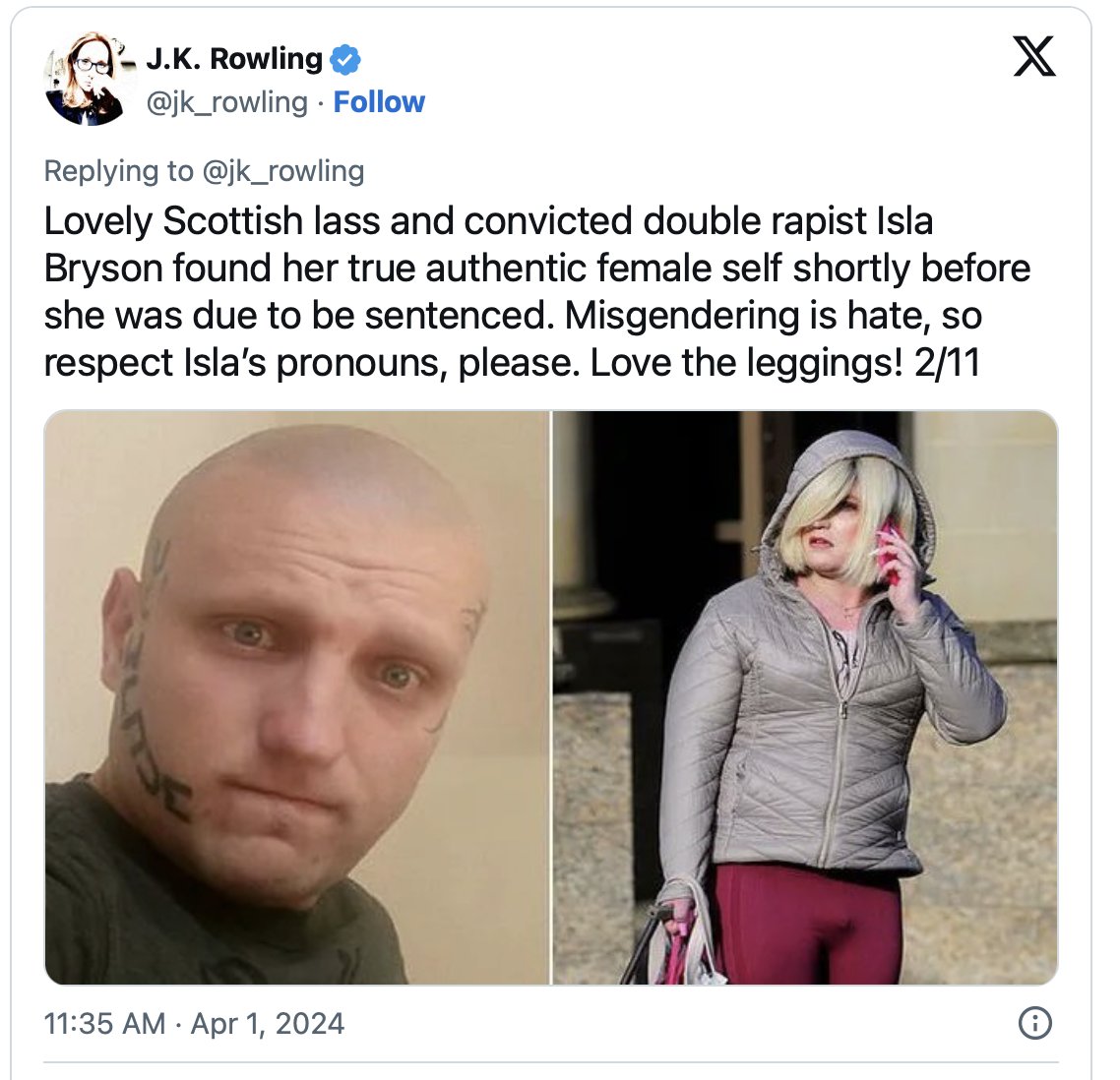 Consider this: Humza Yousaf, Scotland's first minister, says that @jk_rowling is “offensive, upsetting and insulting”, because she said this person - a double rapist - is a man, and not the 'woman' he claims to be. I am lost for words as to what has happened to Scotland