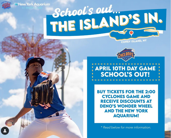 Come to Coney Island next Wednesday, April 10, a school holiday! Buy tix to @BKCyclones 2 PM game and get discounts to @WonderWheelPark and @nyaquarium! 20% off at the Aquarium from 10-2 and $5 off tickets to the game 🐠 $5 discount on 50 credit package at the Wonder Wheel 🎡