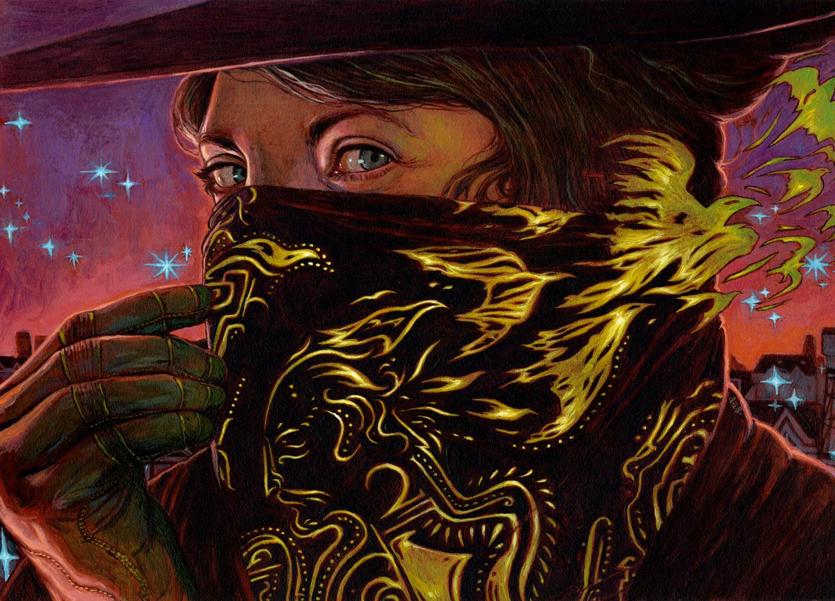 'Dream-Thief's Bandana', my contribution to Mtg: Outlaws of Thunder Junction. Love some surrealism! Love some cowgirls! Love some crimes! Wait, no. Anyway. Thanks to my AD, Zack Stella, for another great project!