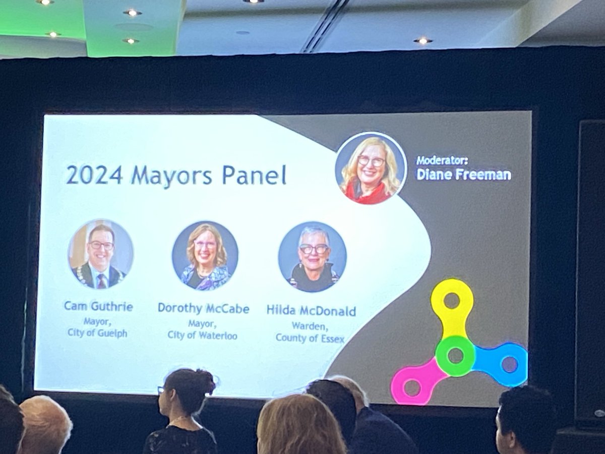 At Ontario Bike Summit this afternoon, a Mayors Panel with Guelph’s Cam Guthrie, Waterloo’s Dorothy McCabe, and County of Essex Warden Hilda McDonald. Moderated by Waterloo Councillor and Share the Road Board member Diane Freeman. #OBS2024