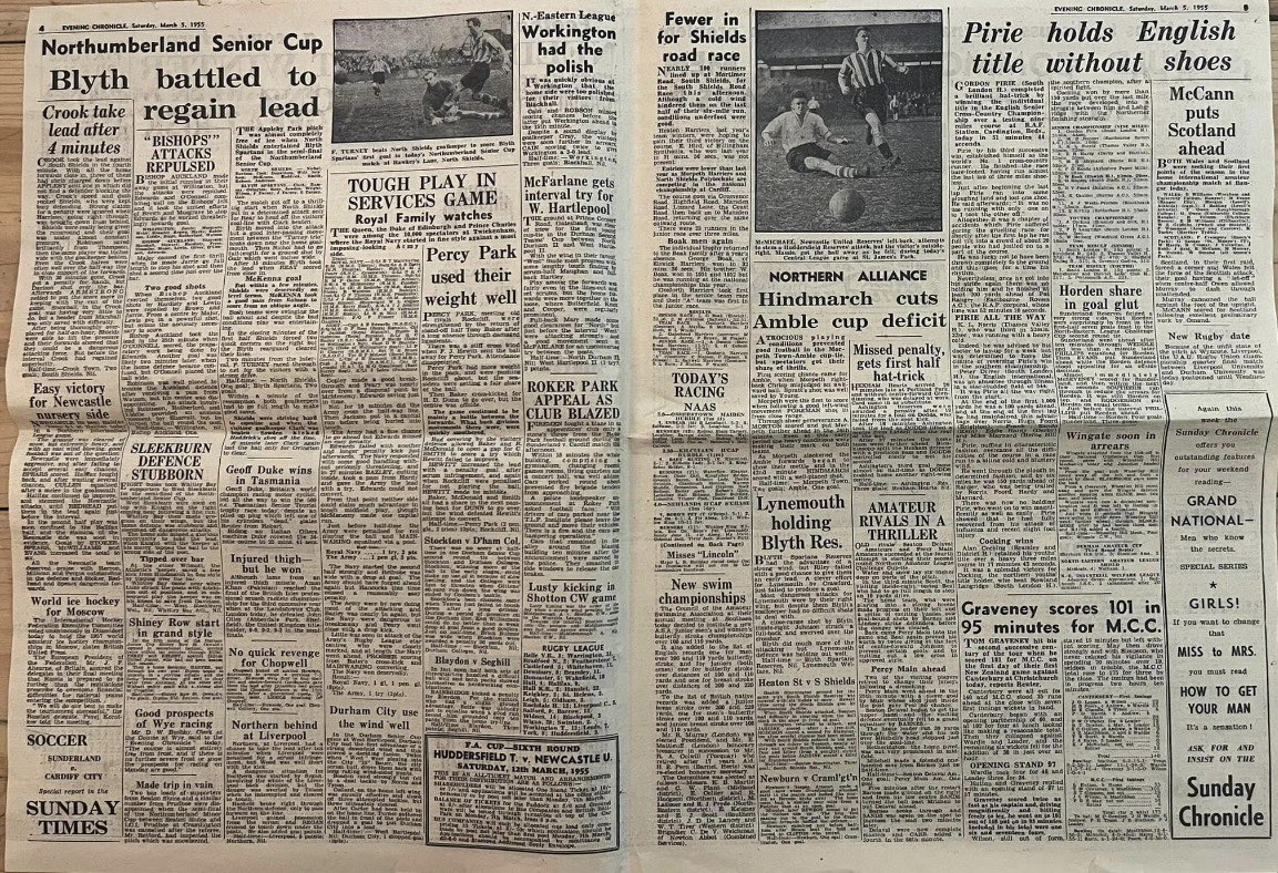 Bob’s 311th appearance 
5th March 1955, 
Pompey v NUFC the match day programme, also the Evening Chronicle paper with the match report from the game along with various other games