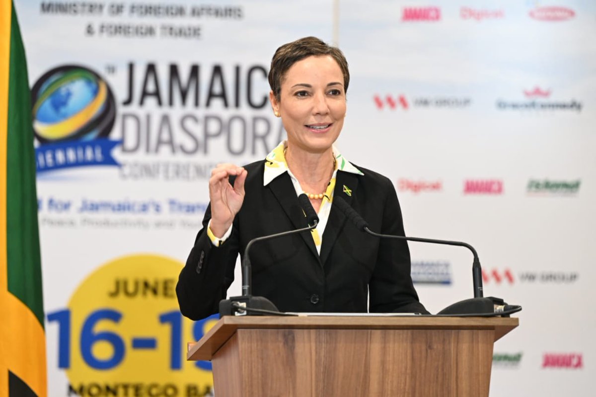 Senator @kaminajsmith delivering her keynote address at The 10th Biennial Jamaica Diaspora Conference. The Conference will be held June 16-19 in Montego Bay. #diasporahomecomingja #united #peace #productivity
