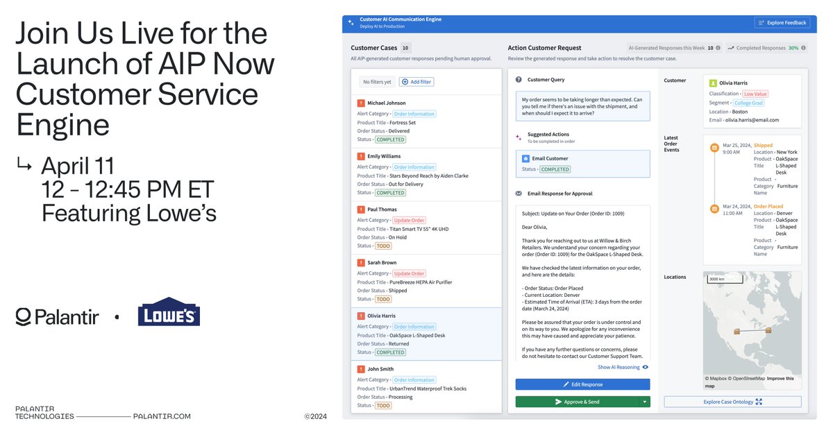 .@Lowes has implemented #Palantir AIP to transform their customer service, scaling to 1000+ users and resulting in a 75% reduction in overdue activities. Join us April 11 from 12 - 12:45 PM ET to see how you can deploy AIP Now Customer Service Engine: palantirtech.webex.com/weblink/regist…