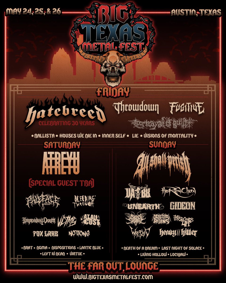 Full line up (except for our special guest). Single day tickets on sale now. Limited VIP remaining. Stoked to see everyone in 7 weeks!

bigtexasmetalfest.com