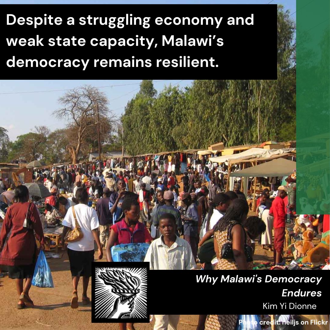 Malawi, a landlocked country in southeastern Africa, is a 'hard place' for democracy. What makes Malawi's democracy so resilient? Read 'Why Malawi's Democracy Endures' by @dadakim to find out: muse.jhu.edu/pub/1/article/…