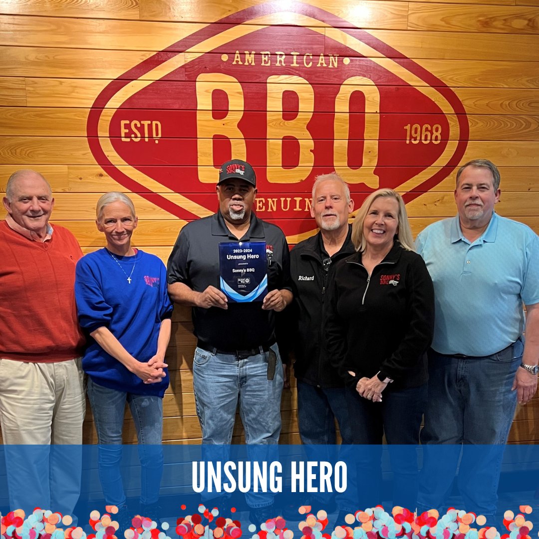 🎉 Next up, we are celebrating Sonny's BBQ!

🐷 Sonny's BBQ has been a quiet force supporting United Way for over 20 years. We are pleased to honor Sonny's with this year's Unsung Hero award! This well-deserved honor is a testament to their outstanding devotion to our community.