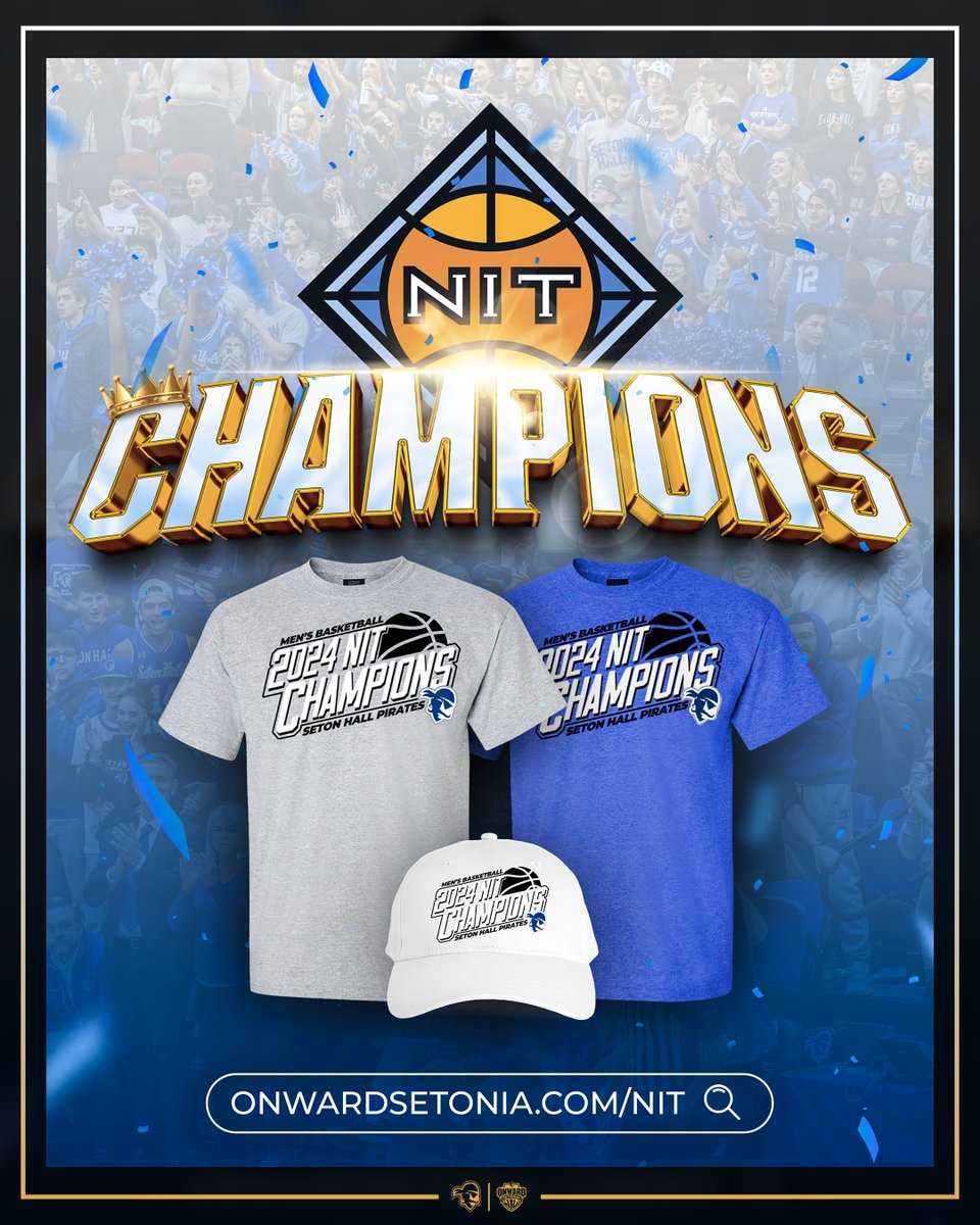 Your Pirates are the 2024 NIT CHAMPIONS! Head to the link below for some championship swag😎⬇️ onwardsetonia.com/nit #HALLin🔵⚪️ #nil #nameimagelikeness #setonhall #setonhalluniversity #basketball #ncaa