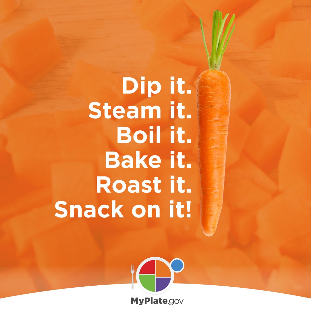 Dip it, steam it, boil it, bake it, roast it, or snack on it! There are many ways to get carrots on your plate. For inspiration on this budget-friendly veggie and others, visit: bit.ly/4c6QZhM #ShopSimplewithMyPlate #InternationalCarrotDay