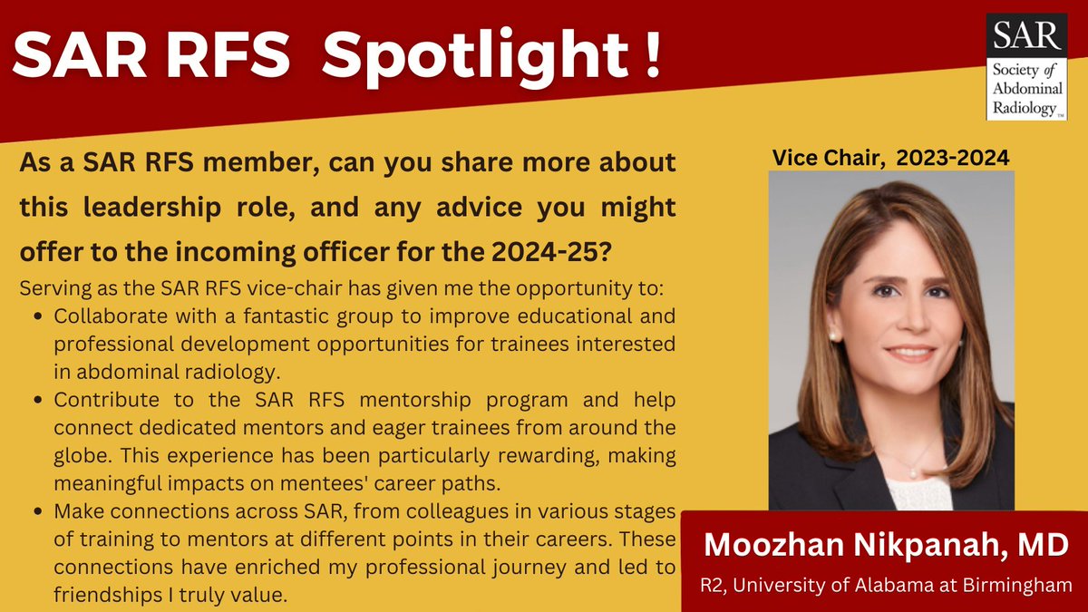 💥Heads up #RadRes There are only 🕒 5 DAYS LEFT 🕒 to submit your applications for the 2024-25 @SAR_RFS leadership positions. Apply now: forms.gle/fSK2iFg3SnM9ig… Listen to insights from our Vice Chair @MoozhanNikpanah on the significance of being a leader at SAR-RFS.