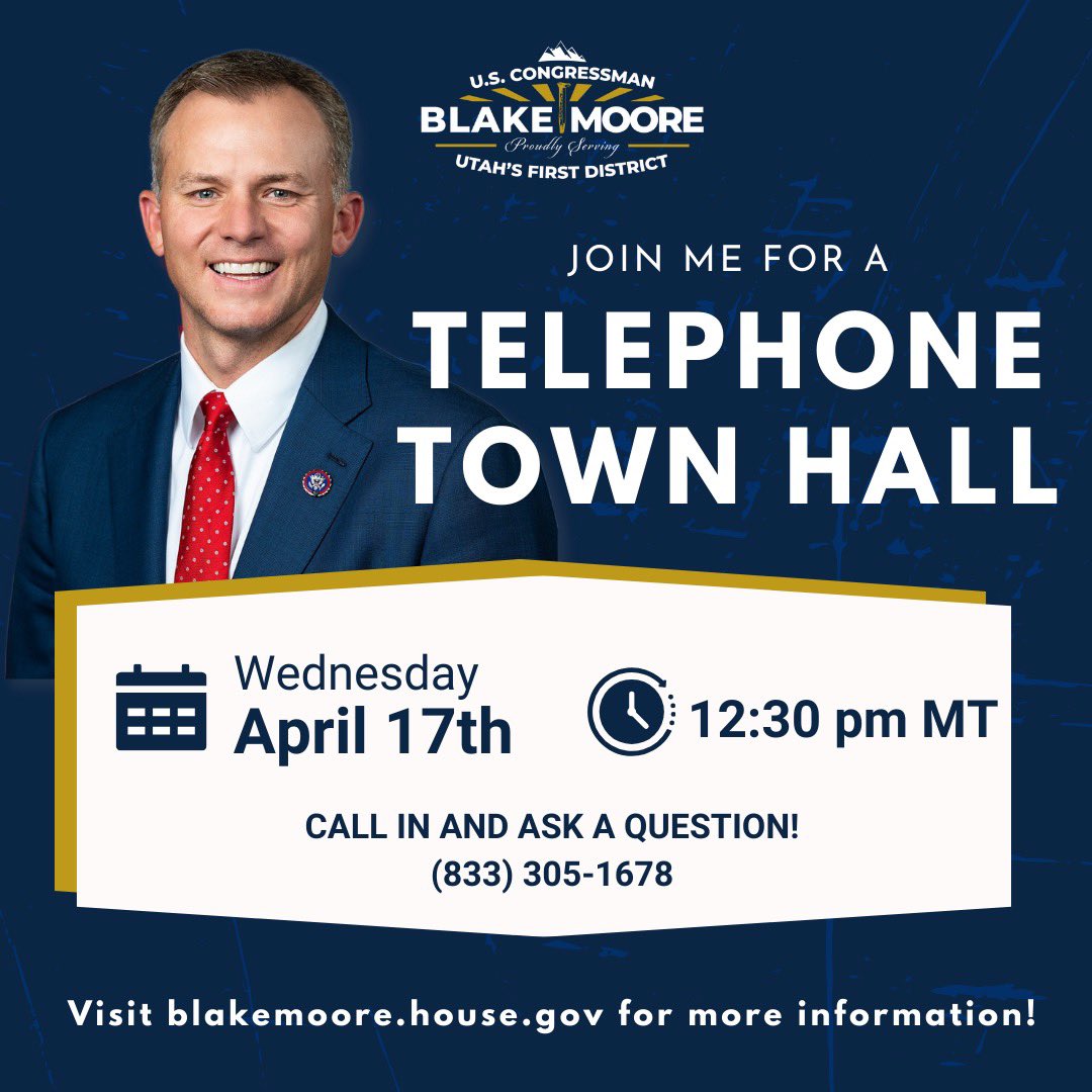 It has been great hearing from Utahns in the First District over the past few months at my in-person and telephone town halls! I look forward to hosting another tele-town hall on Wednesday, April 17th at 12:30 MT. Call in and join us! #utpol