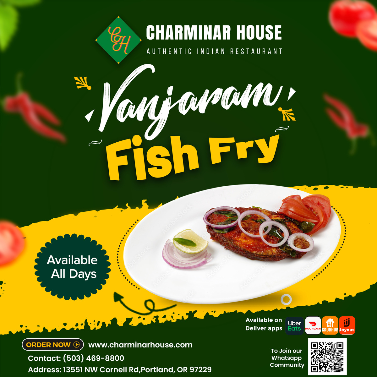 🐟🔥 Indulge in our delicious Vanjaram Fish Fry

Available every day at Charminar House! Satisfy your seafood cravings with our mouthwatering dish! 🐟🔥

#VanjaramFishFry #SeafoodDelight #CharminarHouse #PortlandEats #PortlandFoodie