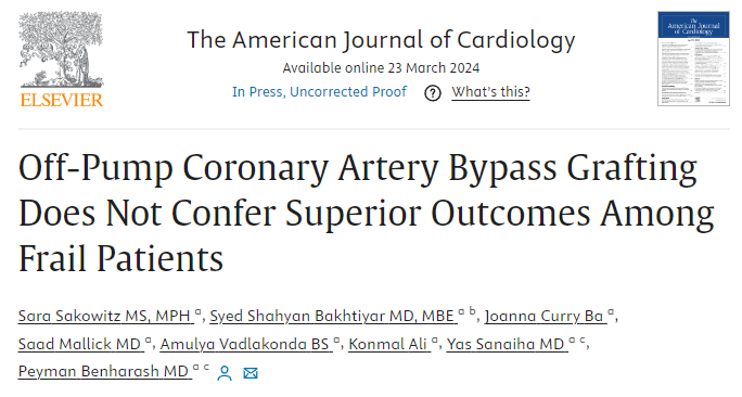 CoreLabUCLA's tweet photo. Our latest publication out now in @AmJCardio: @SaraSakowitz, @Aortologist &co challenge the traditional assumption that #OPCAB benefits #frail patients undergoing #coronary #revascularization🫀
Read more👇https://t.co/D8tfGGkKqC
#offpumpcabg #cabg #cardiacsurgery #cvsurgery https://t.co/v42EGzigwC