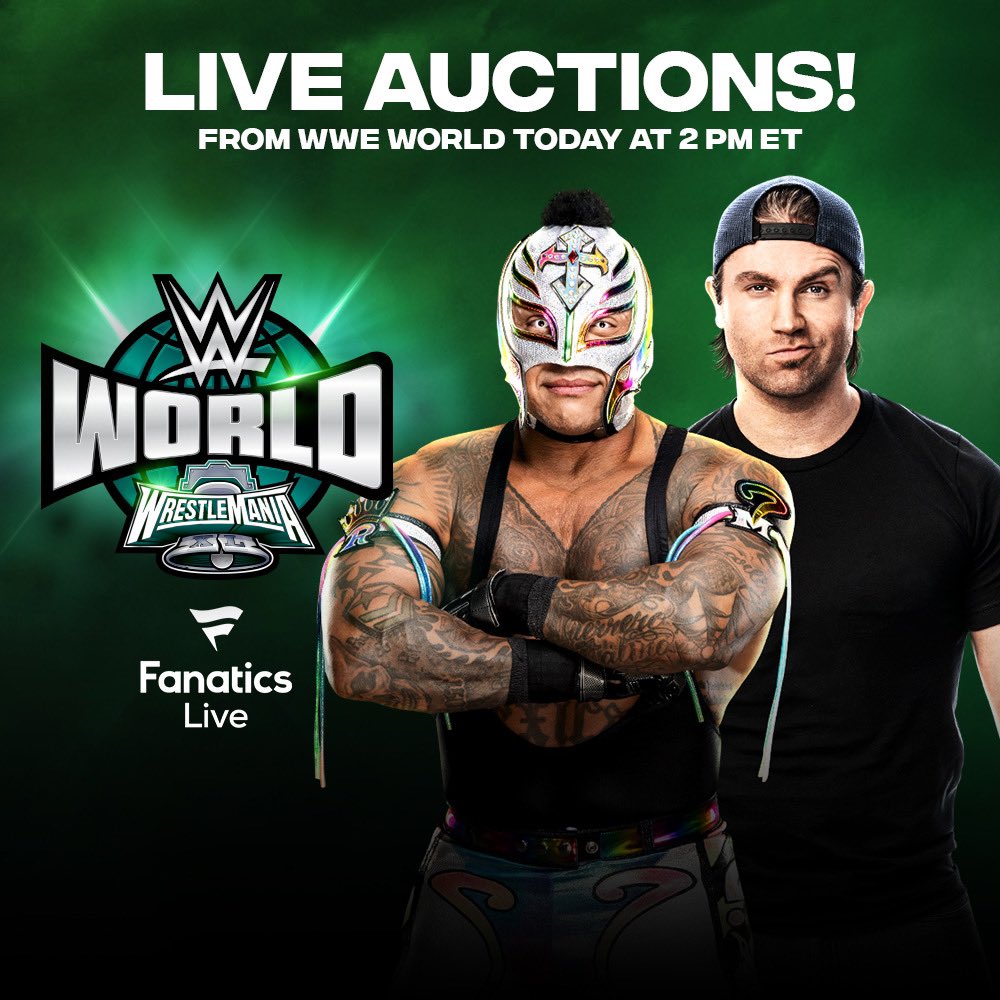 WWE Live Auctions will be running throughout the entire weekend! Head to Fanatics Live for a chance to bid on your favorite WWE items! Today's auction starts 2:00 PM EST. Check back tomorrow for additional times! #WWE #WrestleMania 🛒: bit.ly/3vFUvzq