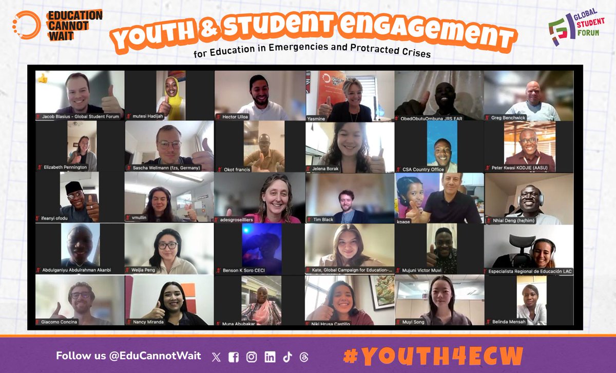 ✨Inspiring & powerful first Youth & Student Engagement for Education in Emergencies & Protracted Crises session! Thanks to all who joined, spoke so passionately on #EiEPC & #Education & shared their stories+work! #Youth4ECW 📹Full Recording: coming soon! @GlobalStuForum @UN